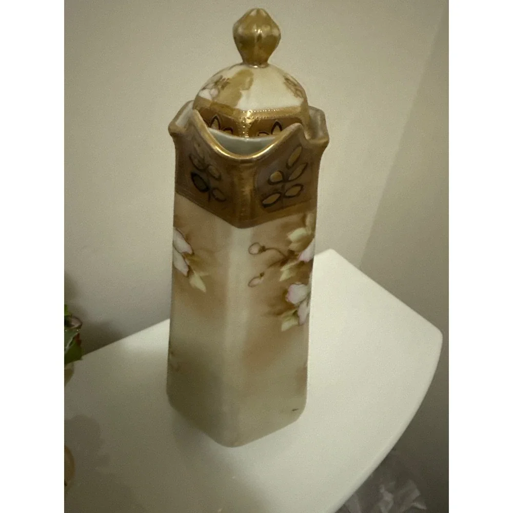 Antique Nippon Chocolate Pot Hexagonal Hand Painted Floral Gold Moriage Gilt